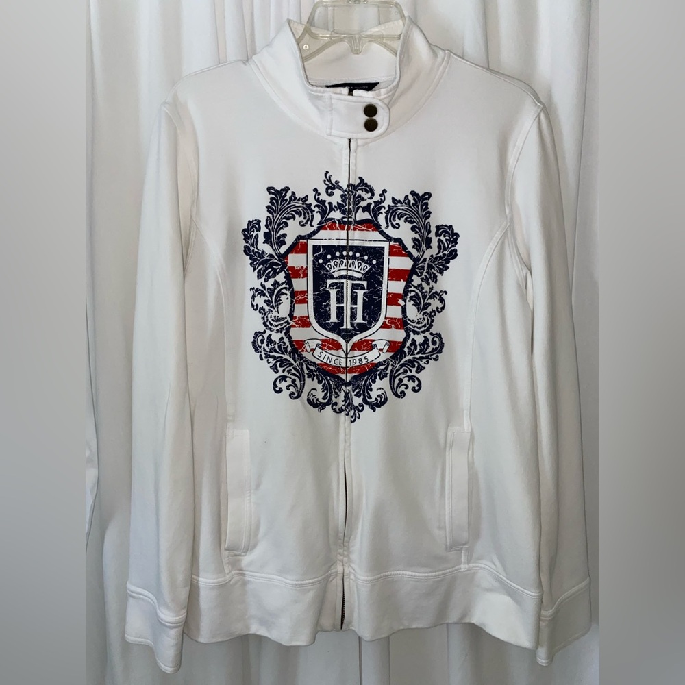 Tommy Hilfiger Rare Crest Logo White Long Sleeve Collared Stretch Jacket Sz XL